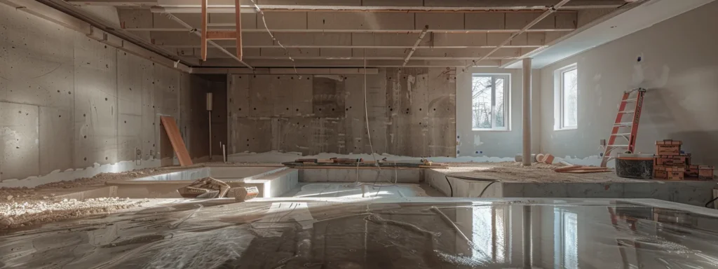 a well-lit residential basement showcases waterproofing in progress, featuring exposed concrete walls with membranes being applied, hydraulic cement sealing cracks, and a french drain installation, all in a clean and professional environment.