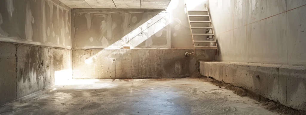 a well-lit residential basement showcases the effective waterproofing process, featuring exposed concrete walls where contractors meticulously apply waterproofing membranes, seal cracks with hydraulic cement, and install a french drain along the perimeter, with a sump pump positioned in the corner, emphasizing a clean and professional workspace.