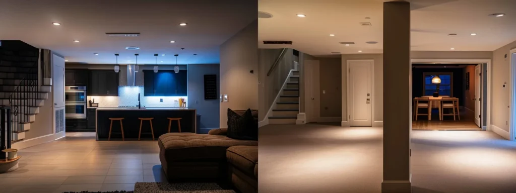a sleek, modern basement interior in annapolis is showcased, featuring a professional contractor demonstrating innovative waterproofing solutions with high-tech tools and materials, illuminated by bright overhead lighting.