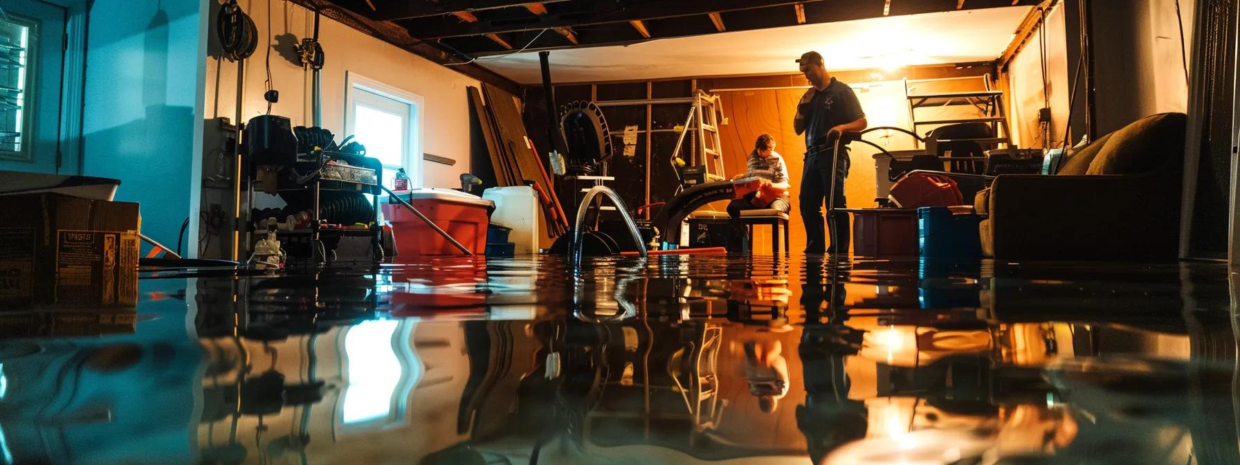 a dramatic, high-contrast image of a flooded basement in an annapolis home, featuring a professional emergency water damage repair team in action, using industrial equipment to swiftly extract water and mitigate damage under bright overhead lighting.