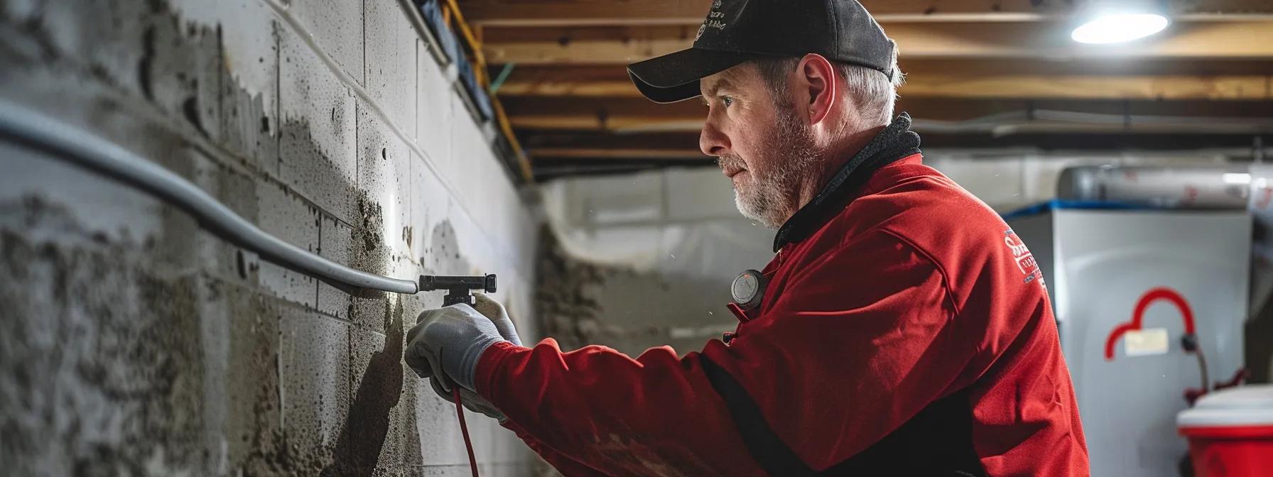 a focused shot of a professional waterproofing contractor examining a basement wall with advanced tools in a well-lit annapolis home, showcasing the expertise and attention to detail essential for effective waterproofing solutions.