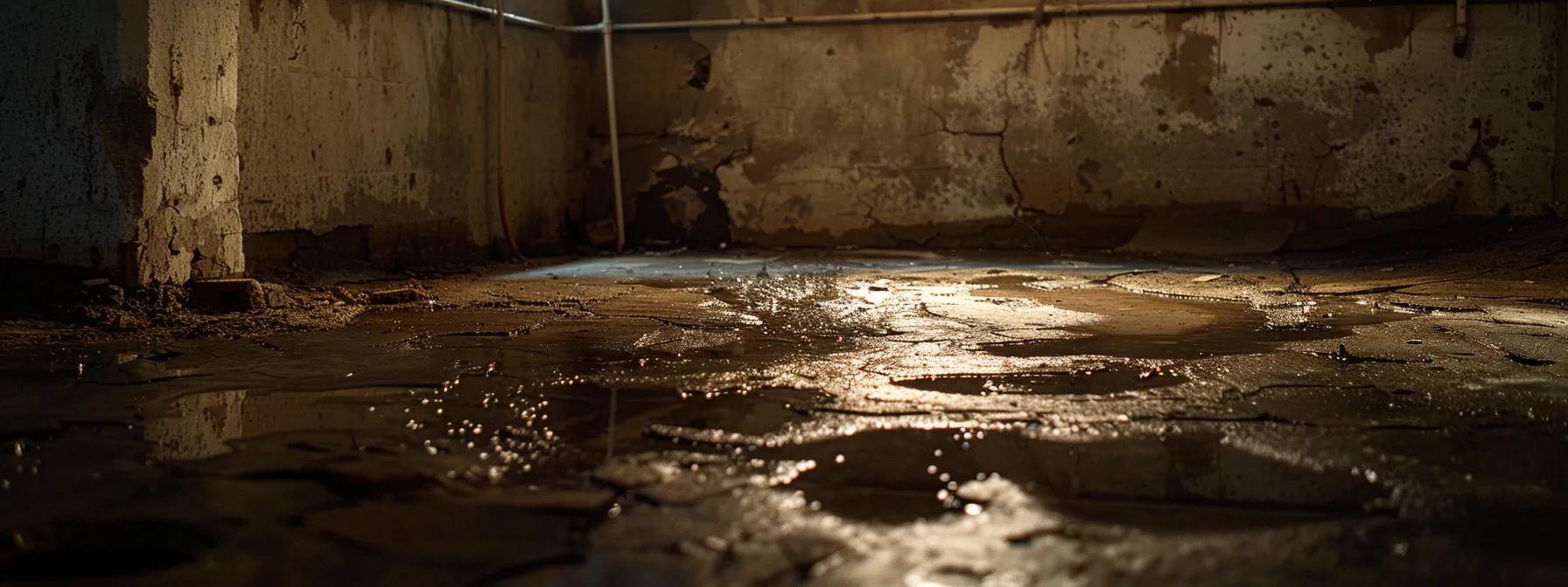 a dimly lit basement in annapolis showcases a cracked concrete slab, with visible water stains on the walls and puddles forming in corners, highlighting the stark impact of improper drainage and moisture intrusion.