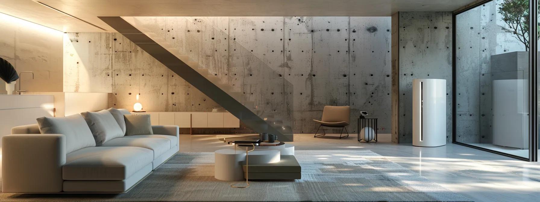 a modern, well-lit basement showcasing advanced moisture management solutions, including sleek sealing materials and a state-of-the-art dehumidifier, all set against a clean, contemporary backdrop that emphasizes a dry and healthy environment.