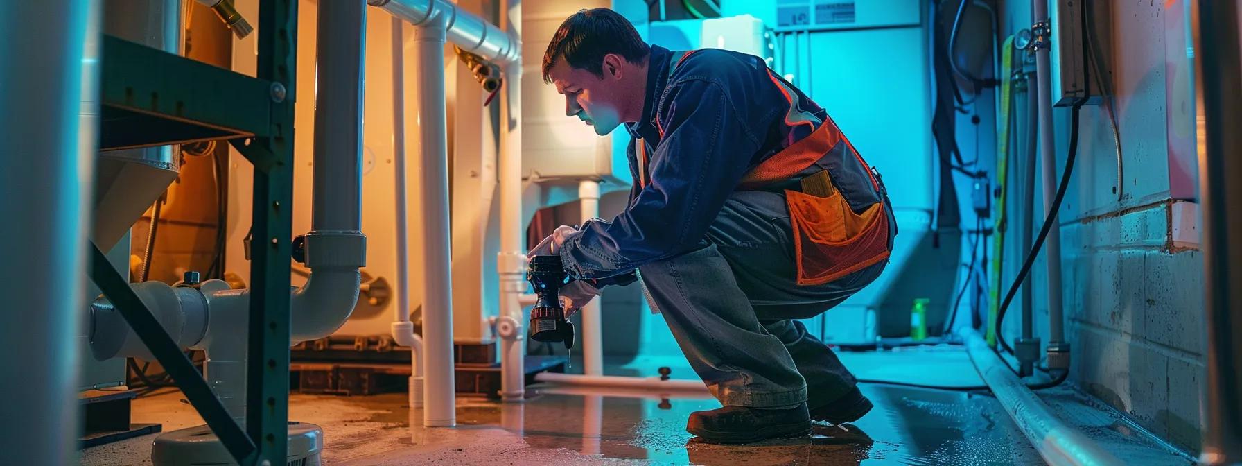 a professional technician inspects a brightly lit annapolis basement, equipped with specialized moisture control tools, as they assess and address complex moisture issues in a clean, modern interior setting.