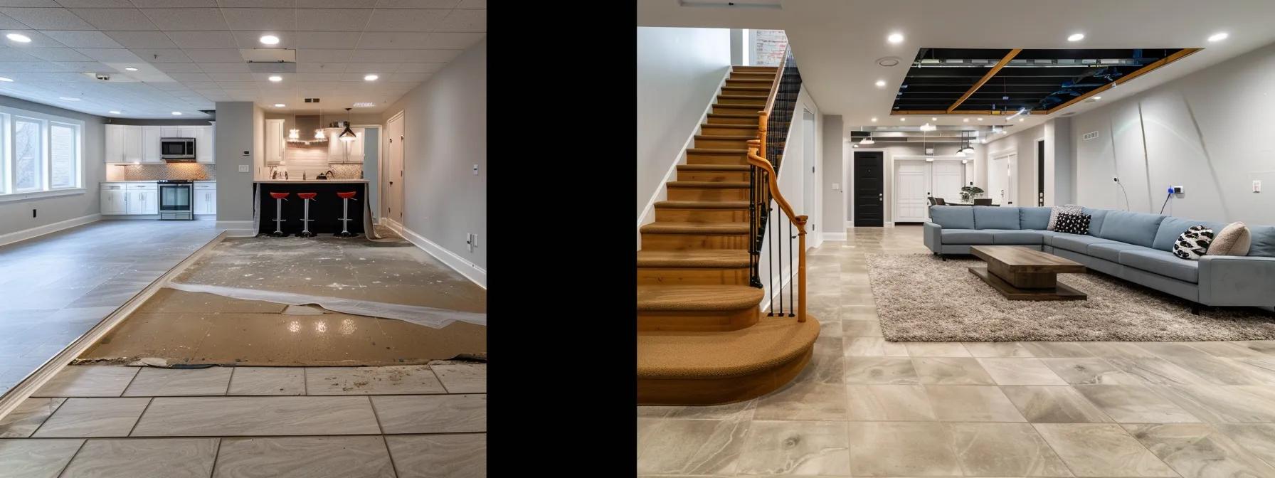 a clean, modern annapolis basement showcases a state-of-the-art moisture control system, emphasizing the stark contrast between a dry, well-maintained environment and visible signs of past mold damage on the walls.