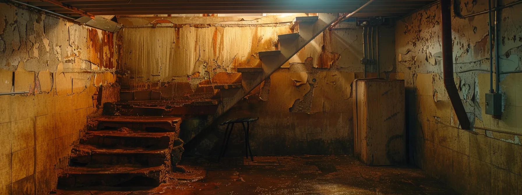 a dimly lit basement reveals visible signs of moisture damage, showcasing discolorations on the walls and floors, alongside patches of mold growth and efflorescence, highlighting the urgent need for waterproofing solutions.