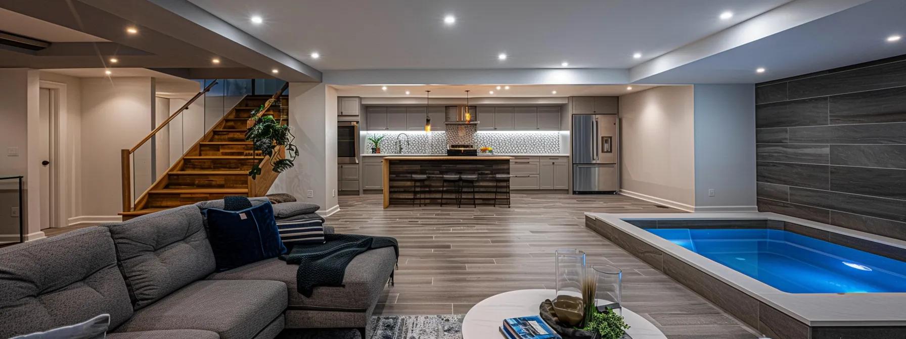 a modern, well-lit basement interior showcases advanced waterproofing techniques, featuring sleek drainage systems and professional equipment, highlighting the effectiveness of moisture prevention strategies for homeowners.