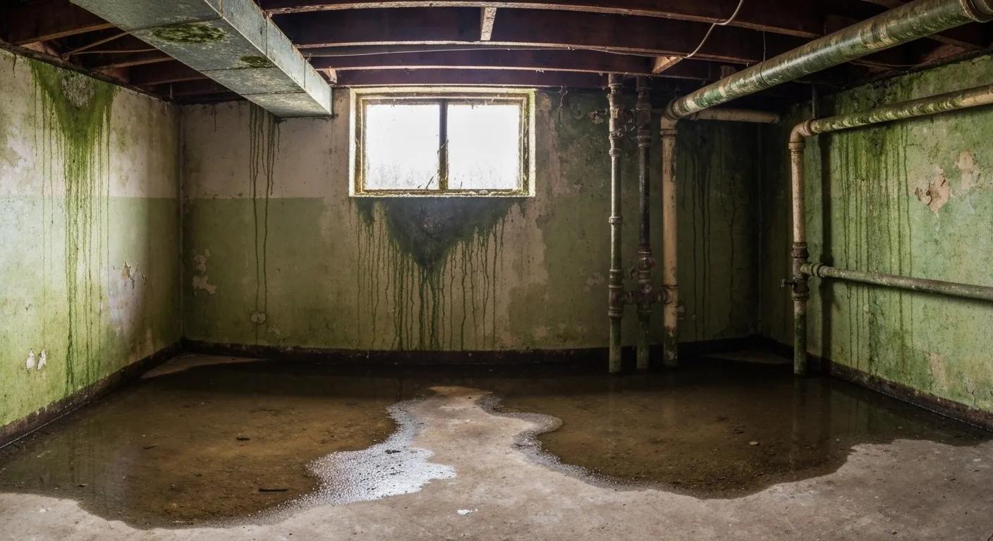 A basement showing signs of water intrusion and mold, underscoring the need for professional waterproofing