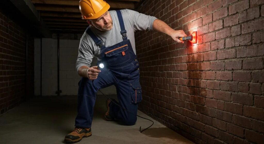 Expert waterproofing contractor examining a basement wall for signs of moisture