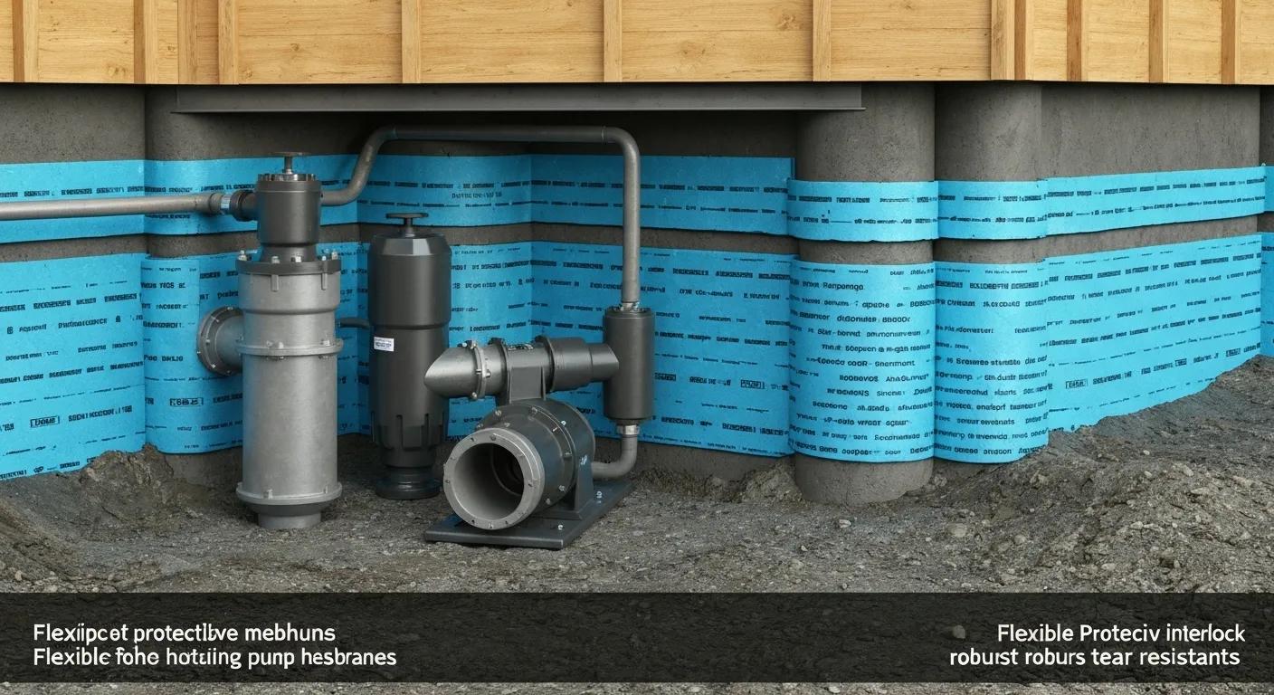 Close-up of advanced waterproofing equipment like a sump pump and protective membranes