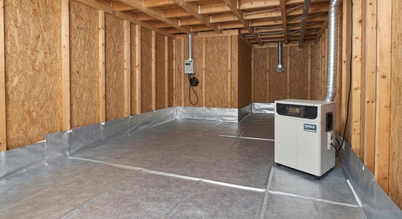 A sealed crawl space featuring a vapor barrier and dehumidifier, demonstrating the benefits of encapsulation for home health and energy efficiency