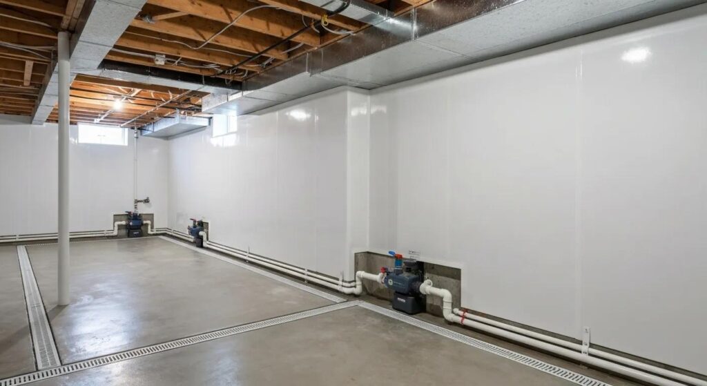 A bright, dry basement showcasing effective waterproofing with a sump pump and drainage system