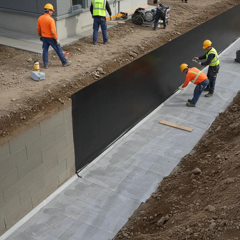 Application of waterproof membranes on exterior foundation walls for protection